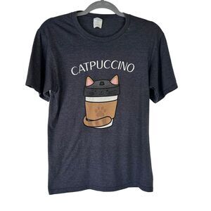 Catpuccino Short Sleeve Womens T-Shirt Size Small Blue Cat Coffee